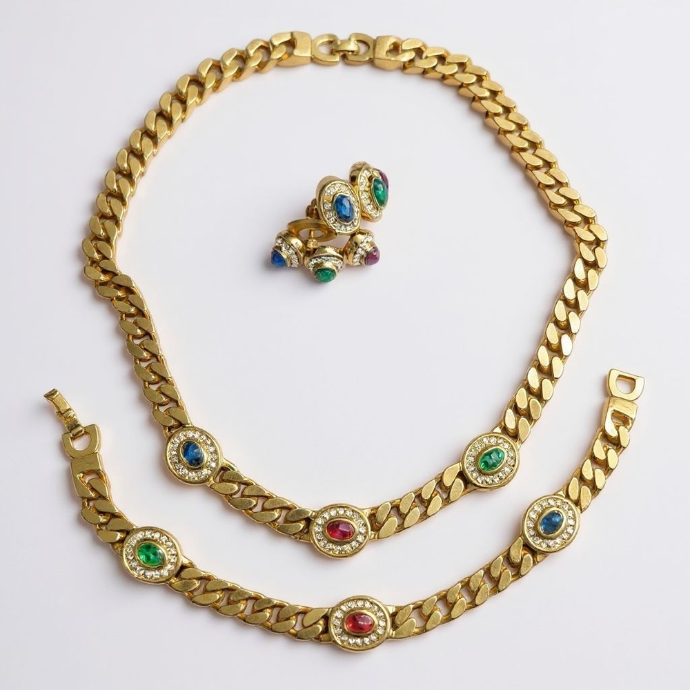 Vintage Dior Cabochon Necklace Bracelet Earrings Gold Statement Set